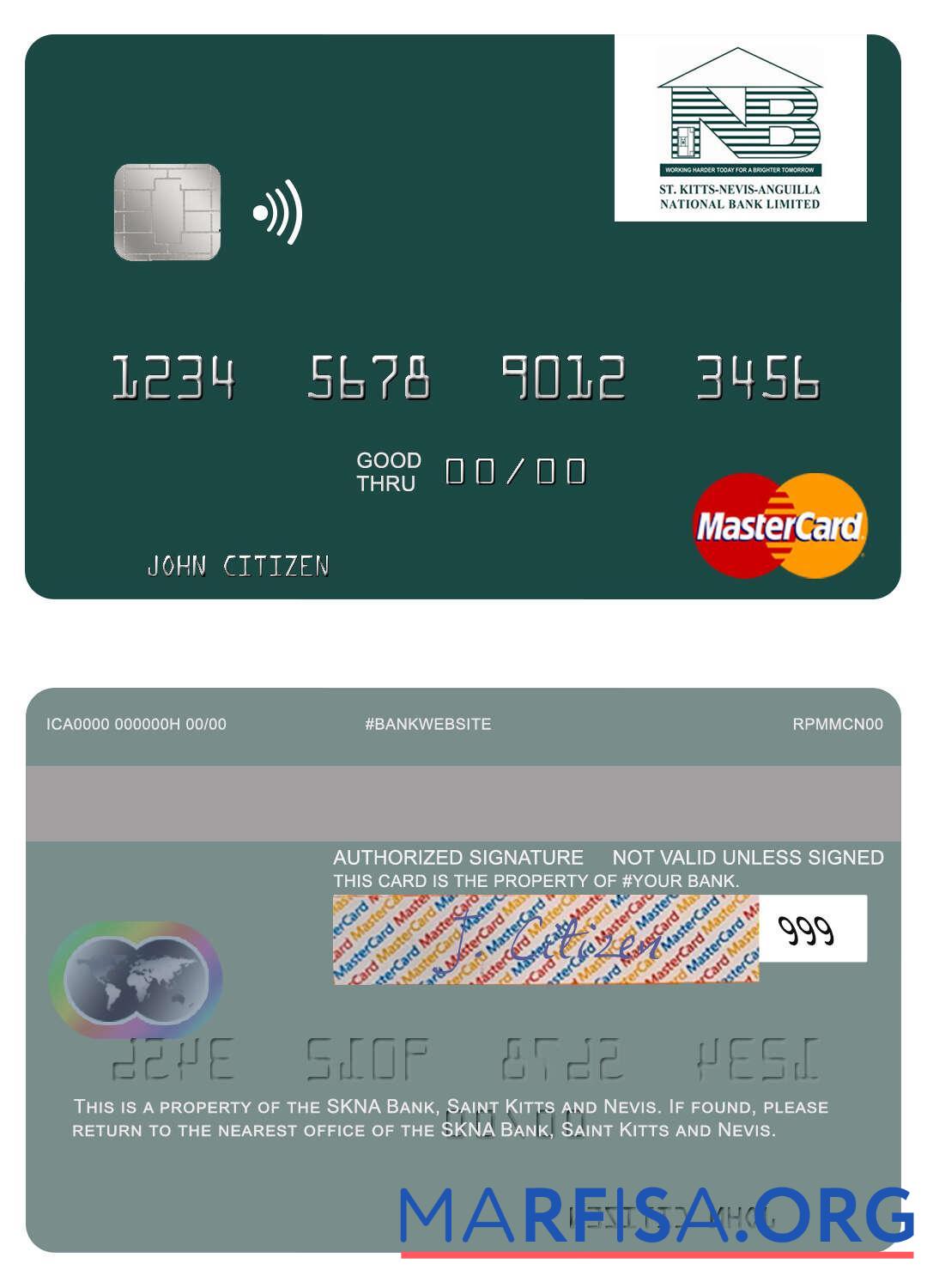 Realistic Saint Kitts and Nevis SKNA Bank mastercard sample